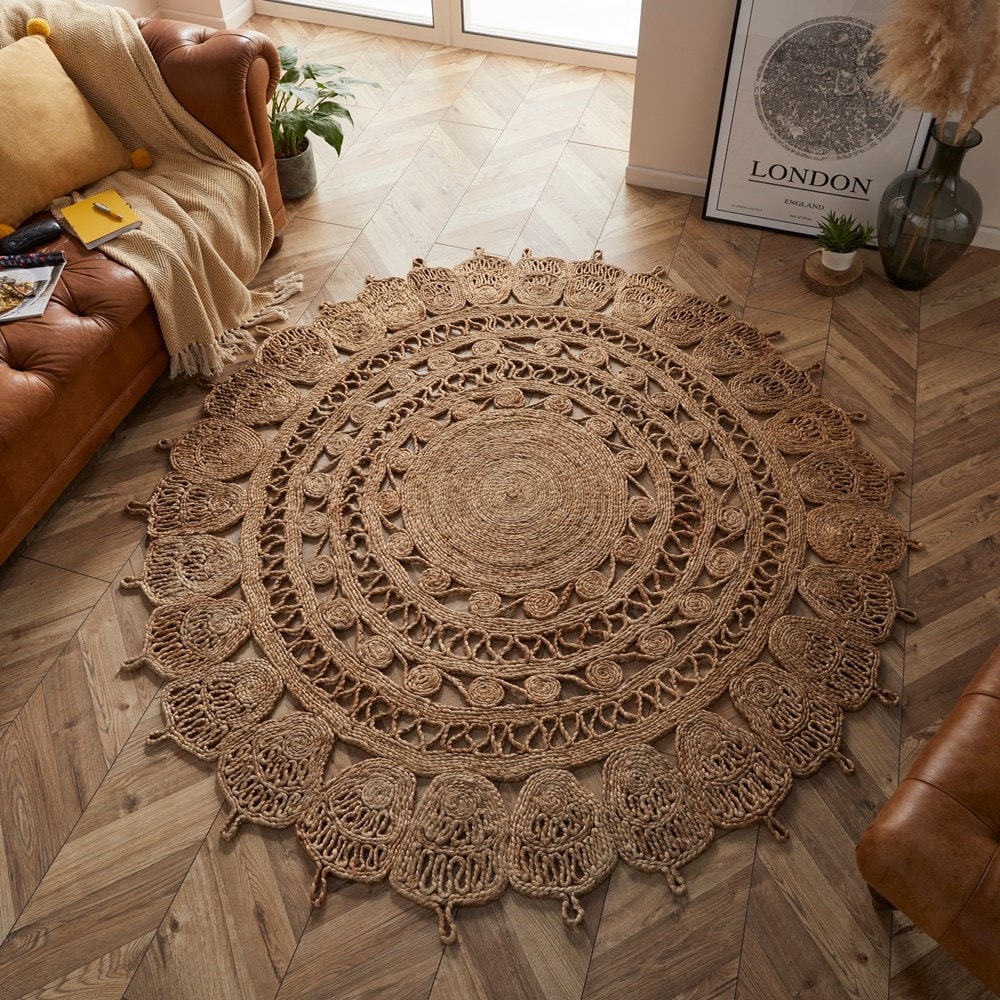 Bohoeden Jute Round Natural Rug For Living Room, Bedroom