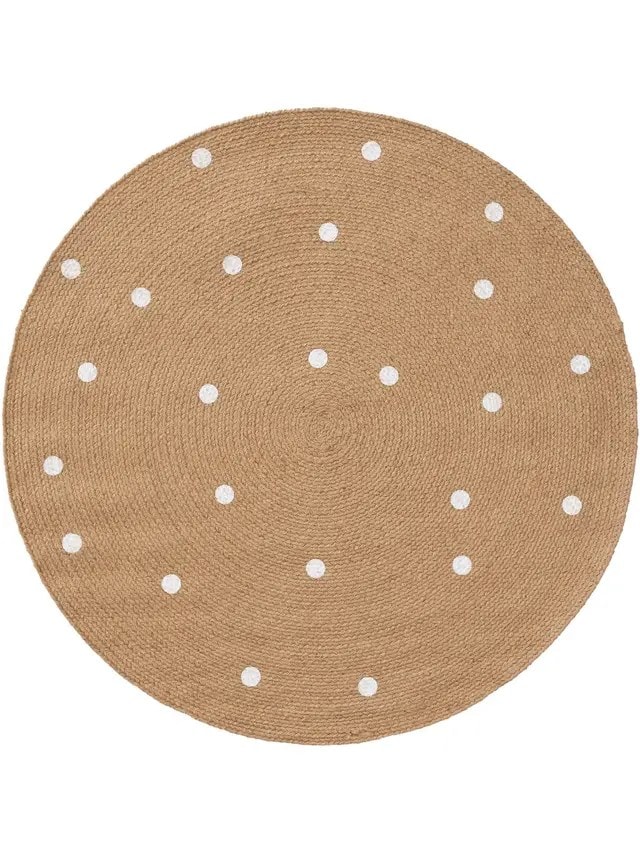 Polka Dots Jute Round Rug For Living Room, Bedroom