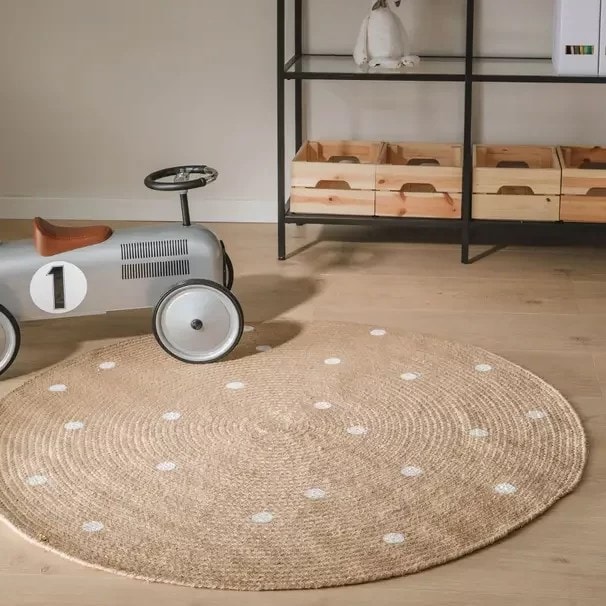 Polka Dots Jute Round Rug For Living Room, Bedroom
