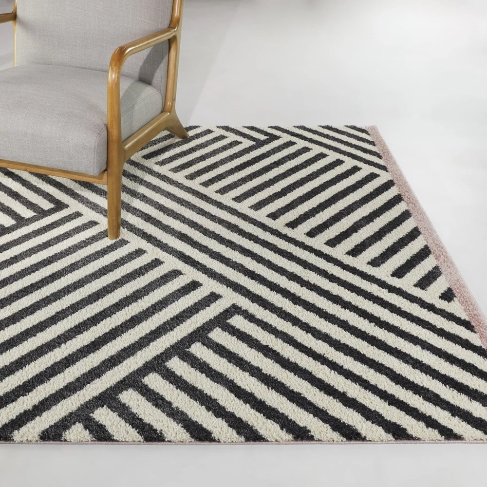 Black Stripes Solid Shag Area Rug