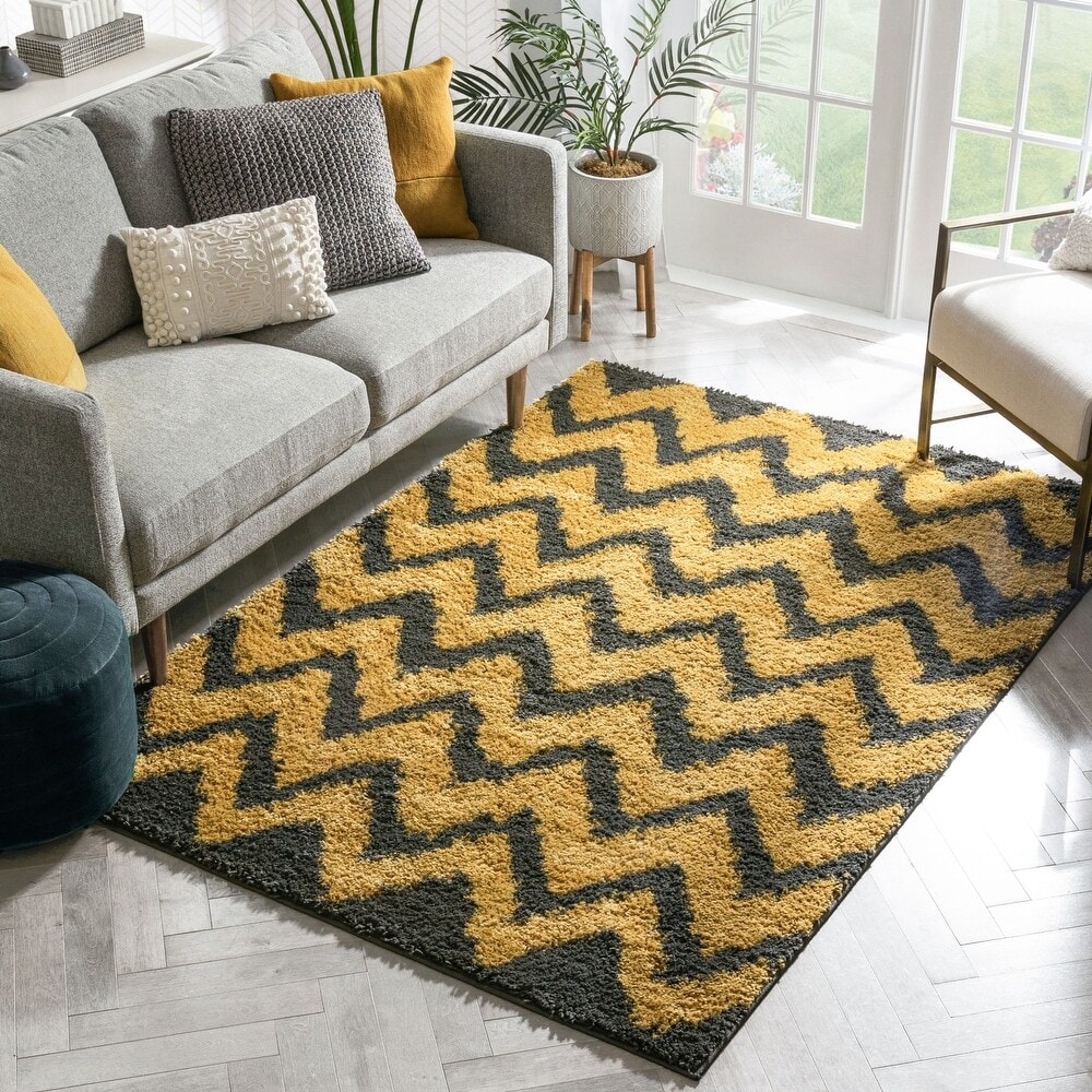 Waveline Yellow Solid Shag Rug