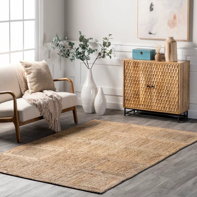 Linear Beige Jute Rug and Carpets For Bedroom, Living Room
