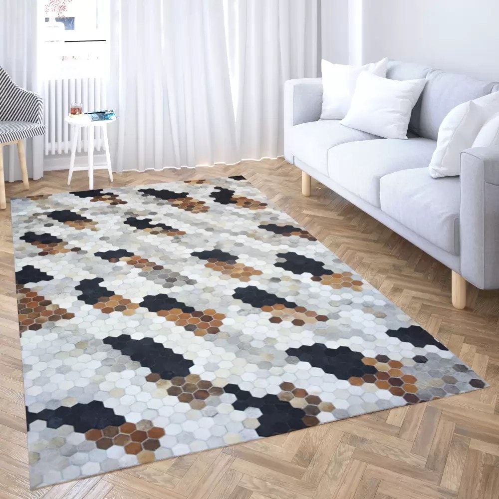 Natural Leather Hive Mosaic Handmade Rug For Living Room