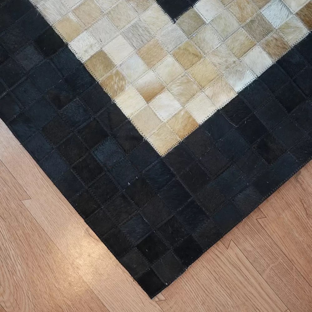 Black Geometric Square Patchwork Leather Handmade Rug