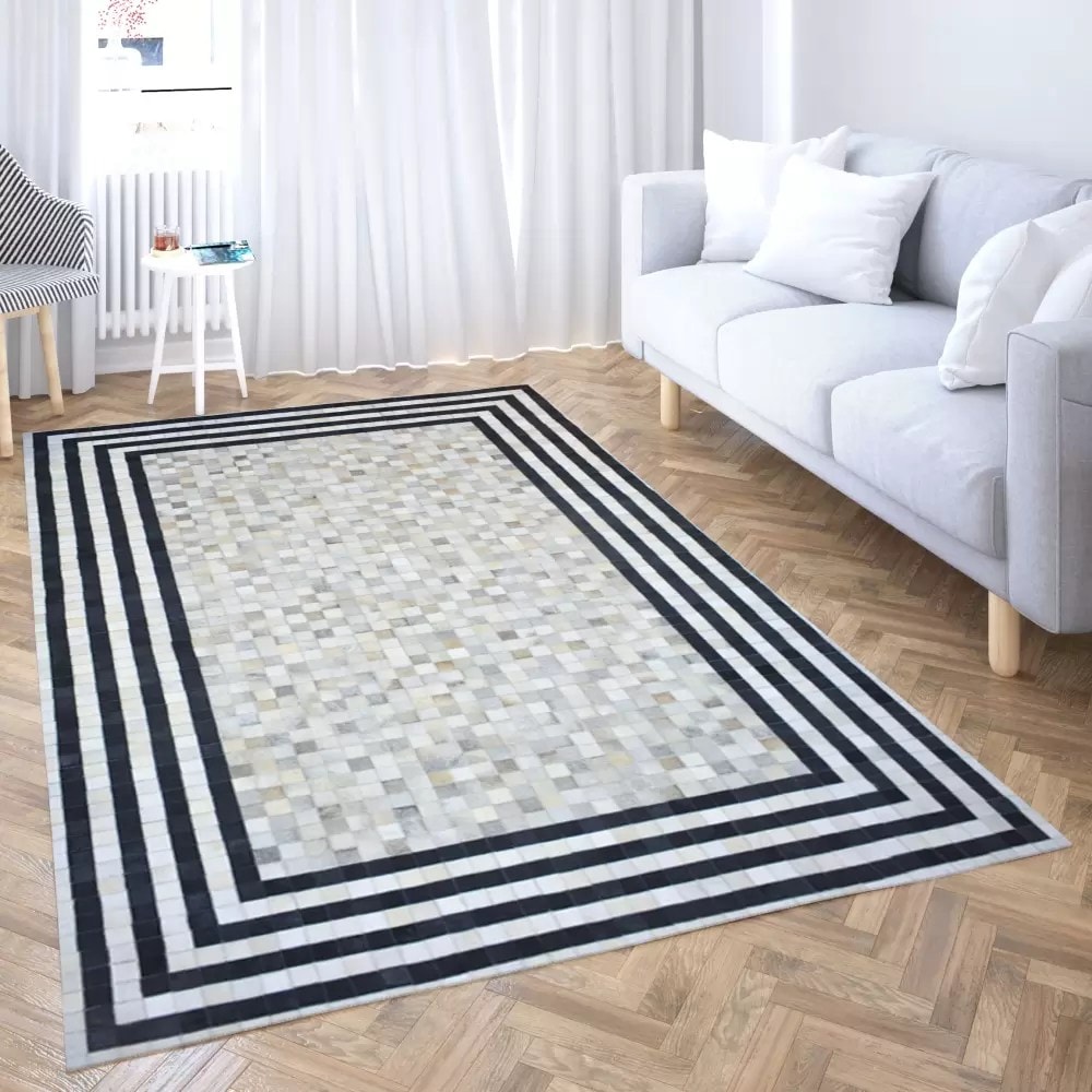 Linear Flow Patchwork Natural Leather Rug For Bedroom
