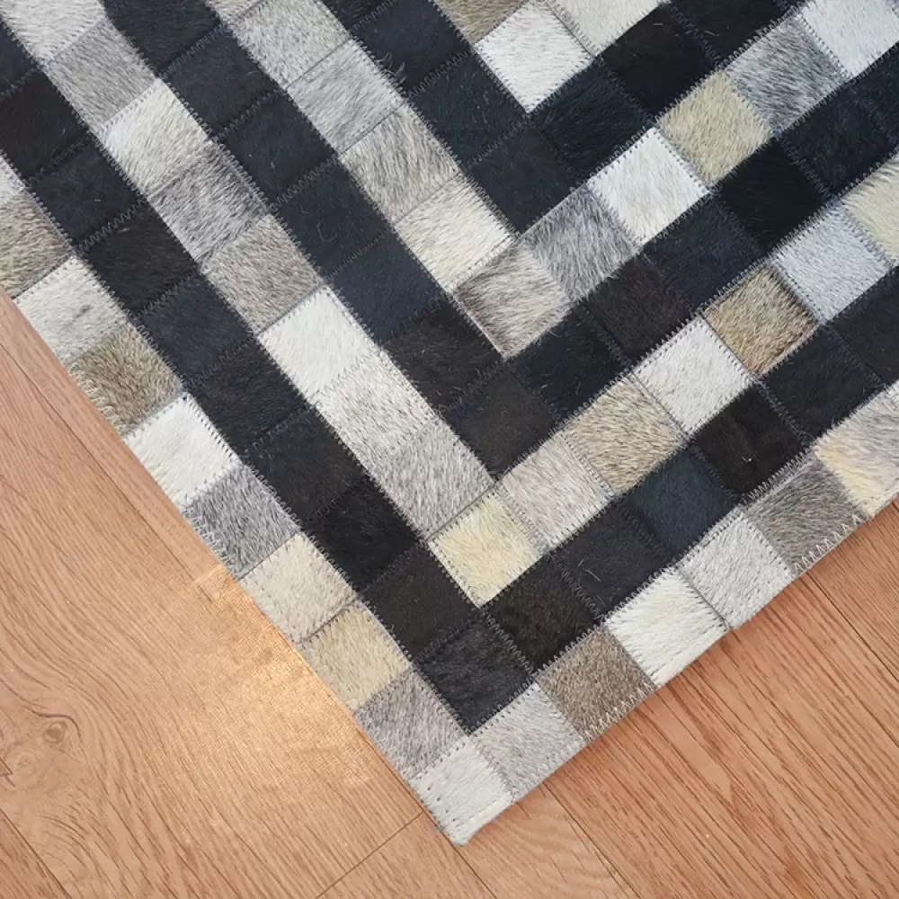 Linear Flow Patchwork Natural Leather Rug For Bedroom