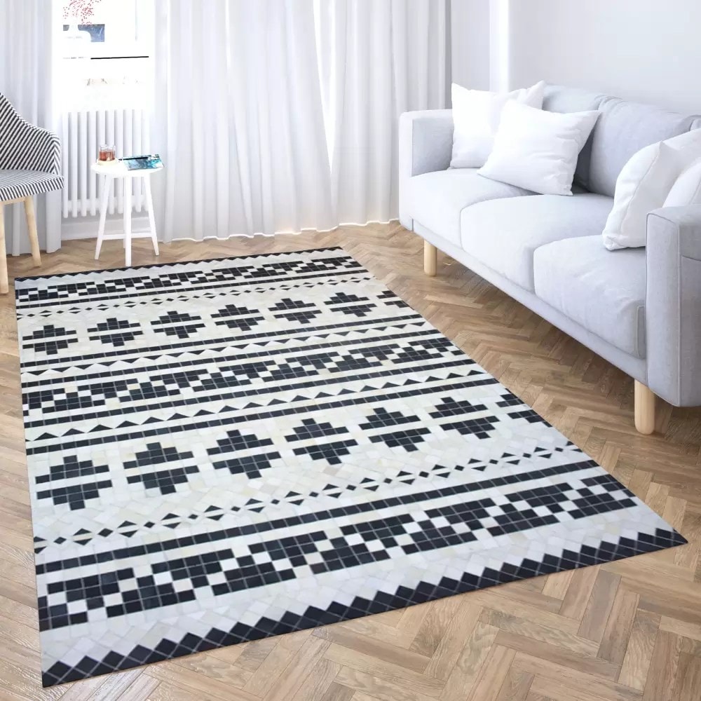 Black White Fusion Grid Leather Handmade Rug For Living Room
