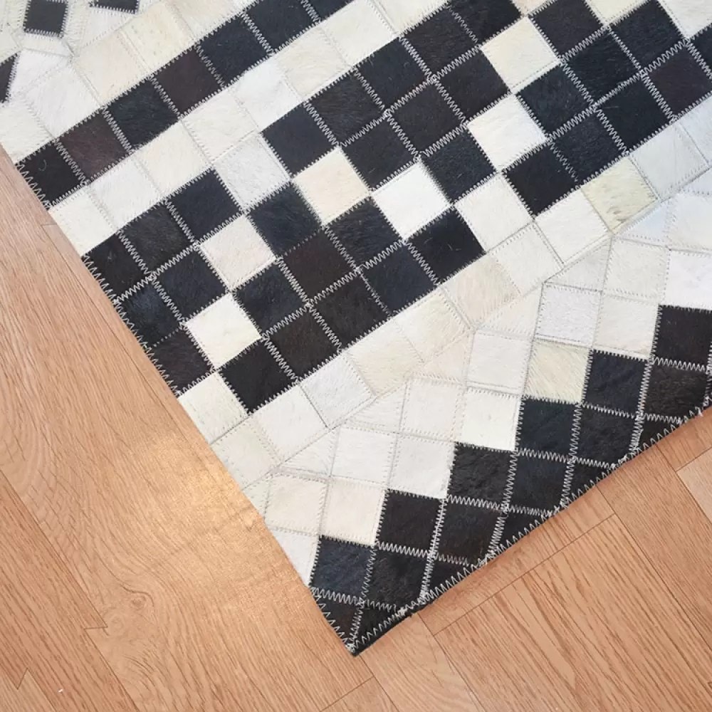 Black White Fusion Grid Leather Handmade Rug For Living Room