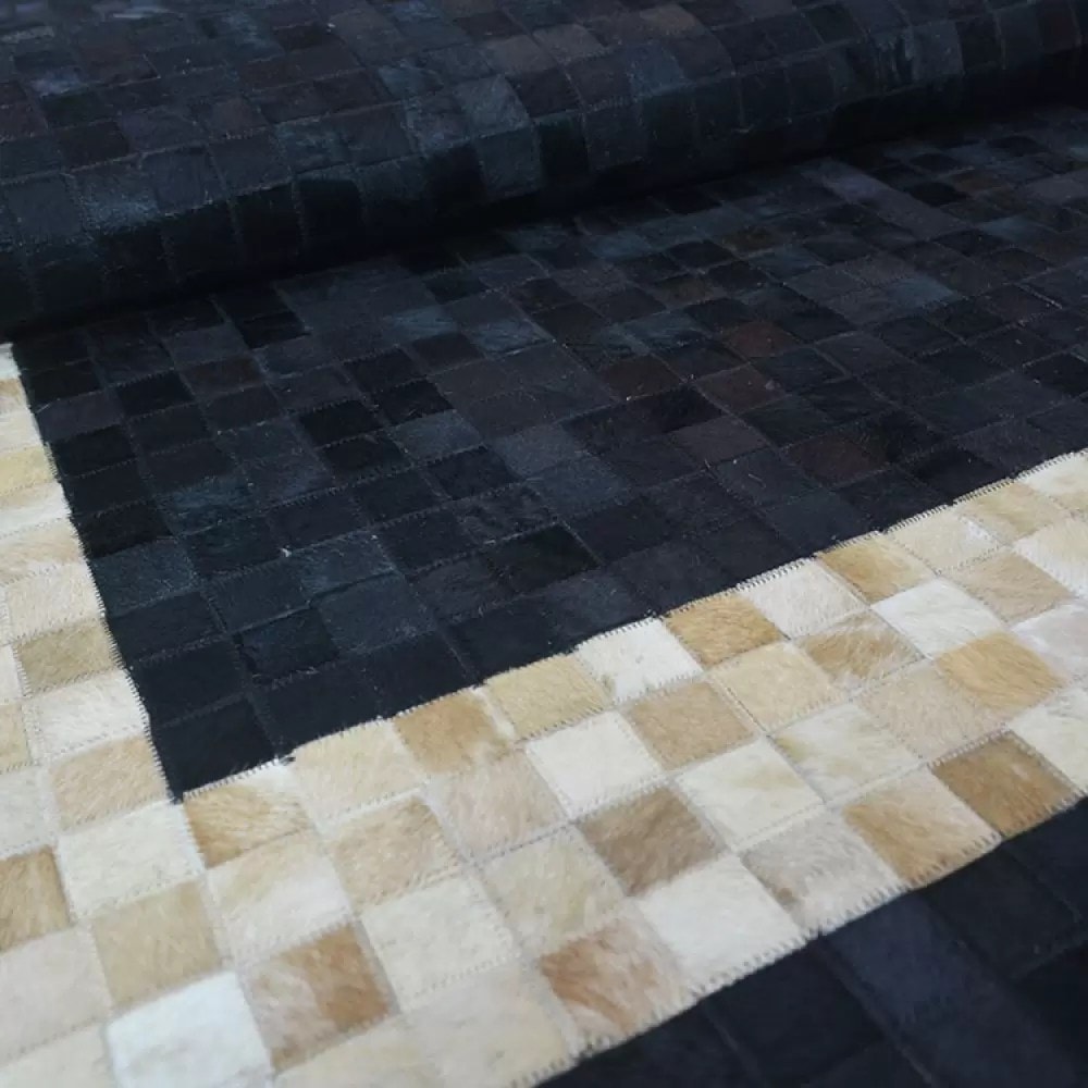 Black Geometric Square Patchwork Leather Handmade Rug