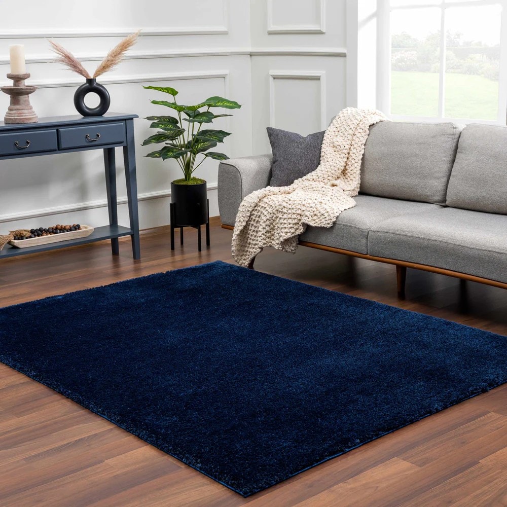 Blue Solid Handmade Shag Rug