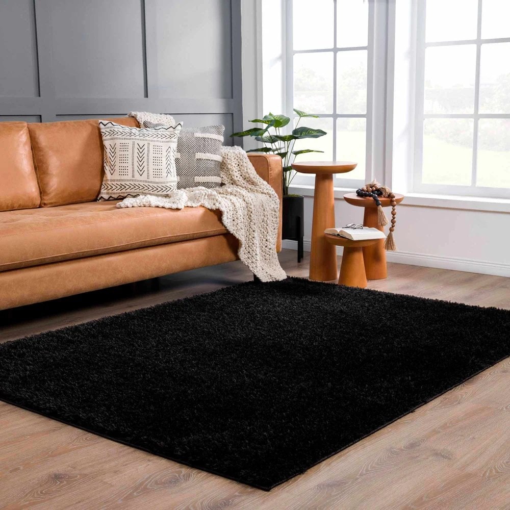 Jet Black Solid Shag Rug